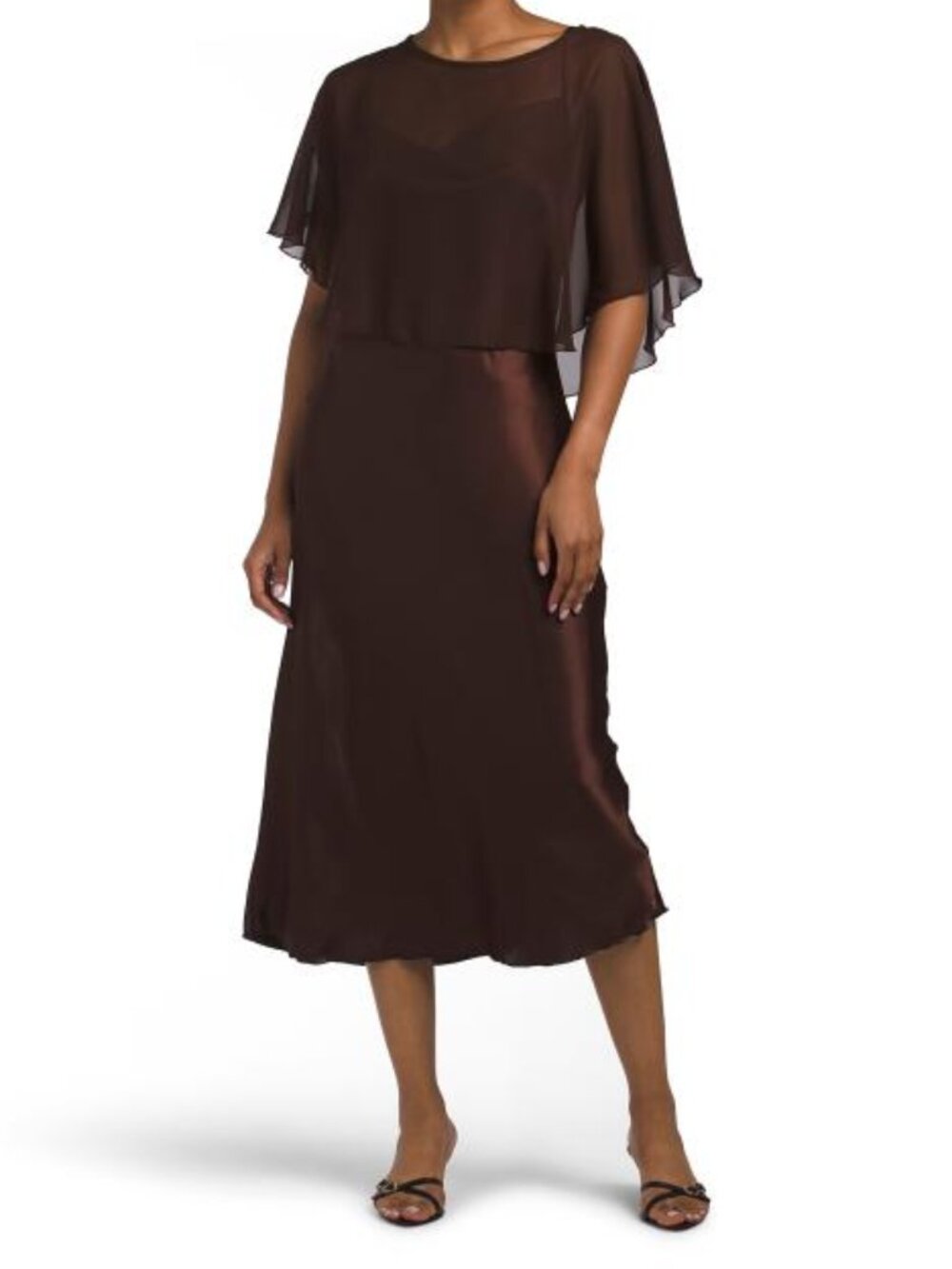 THIRTY THIRTY Satin Gown With Chiffon Cape Poncho